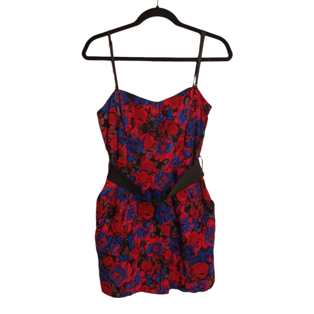 FOREVER 21 Pink Blue Gray Floral Print Sleeveless Mini Dress w Belt Medium - Picture 2 of 8